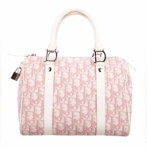 Auth CHRISTIAN DIOR Pink Trotter Canvas and Leather Boston Bag Purse
